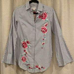 NWT Blue & White Stripe with Pink Floral Embroidery Button up Top/Blouse/Shirt
